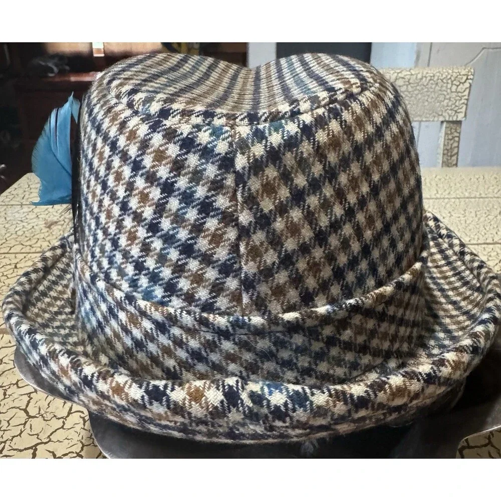 VTG Pendleton Wool Fedora With Feather Portland Oregon Plaid Brown Black Blue